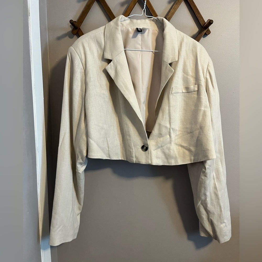 H&M linen viscose blend Cream Cropped Blazer XL office siren